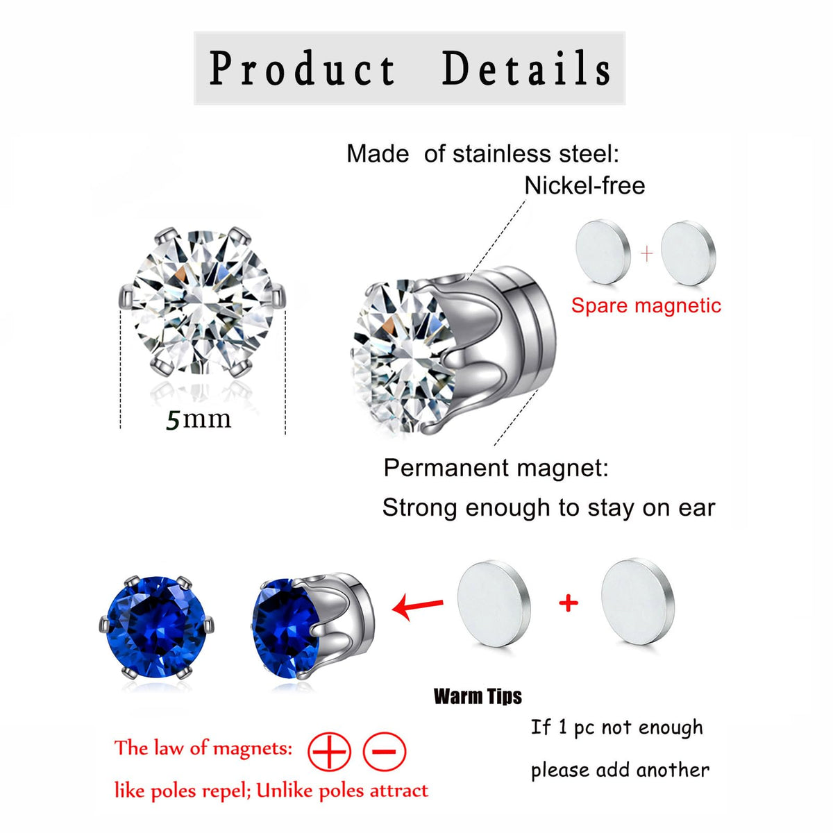 Spiritlele 12 Pairs Red Pink Cubic Zirconia Magnetic Earrings Clip on Non Piercing Earrings Set for Women 5MM
