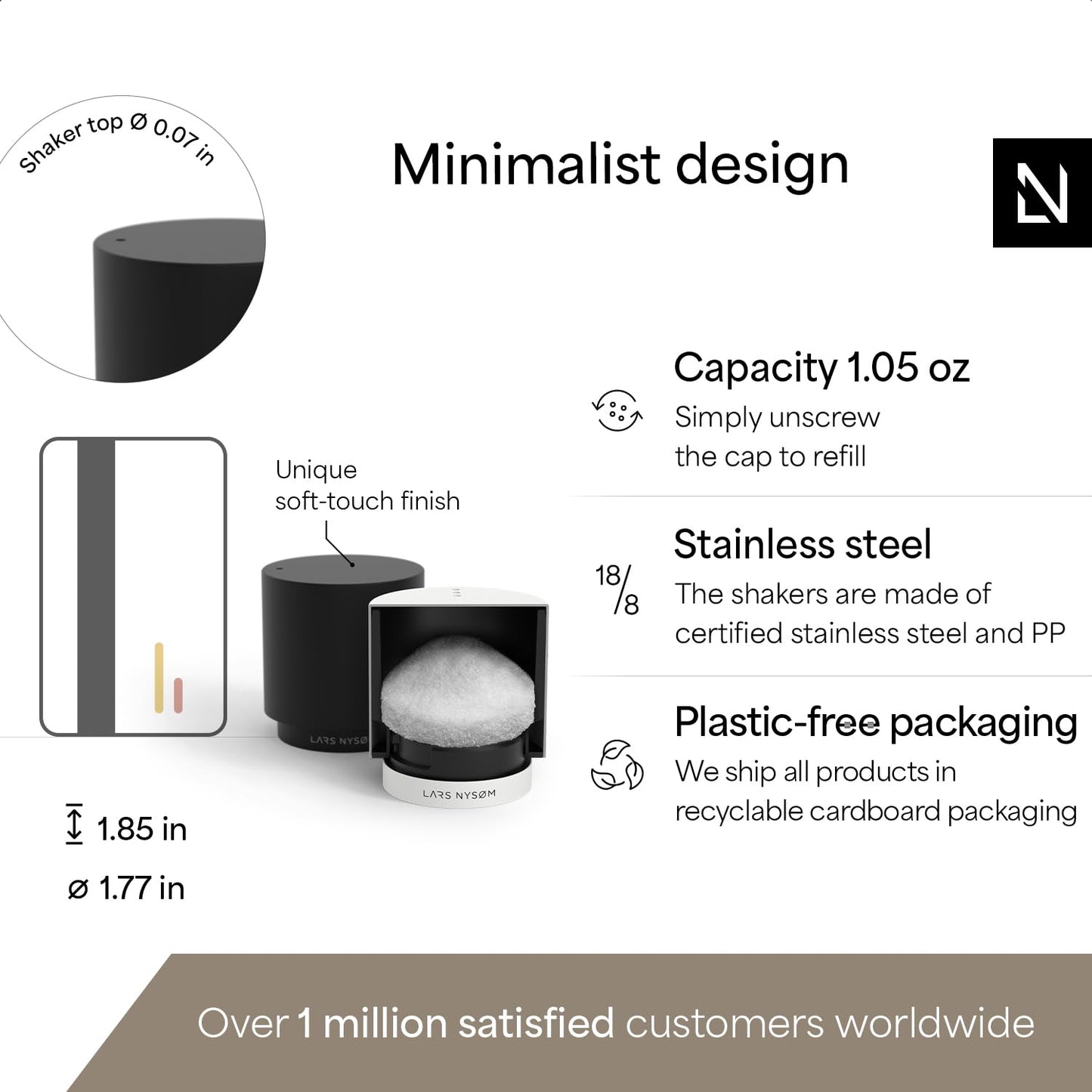 LARS NYSØM Mini Salt and Pepper Shakers Set | Stainless Steel Salt and Pepper Shakers with Modern Minimalist Design, Easy Refill, Small Size (Black/White)