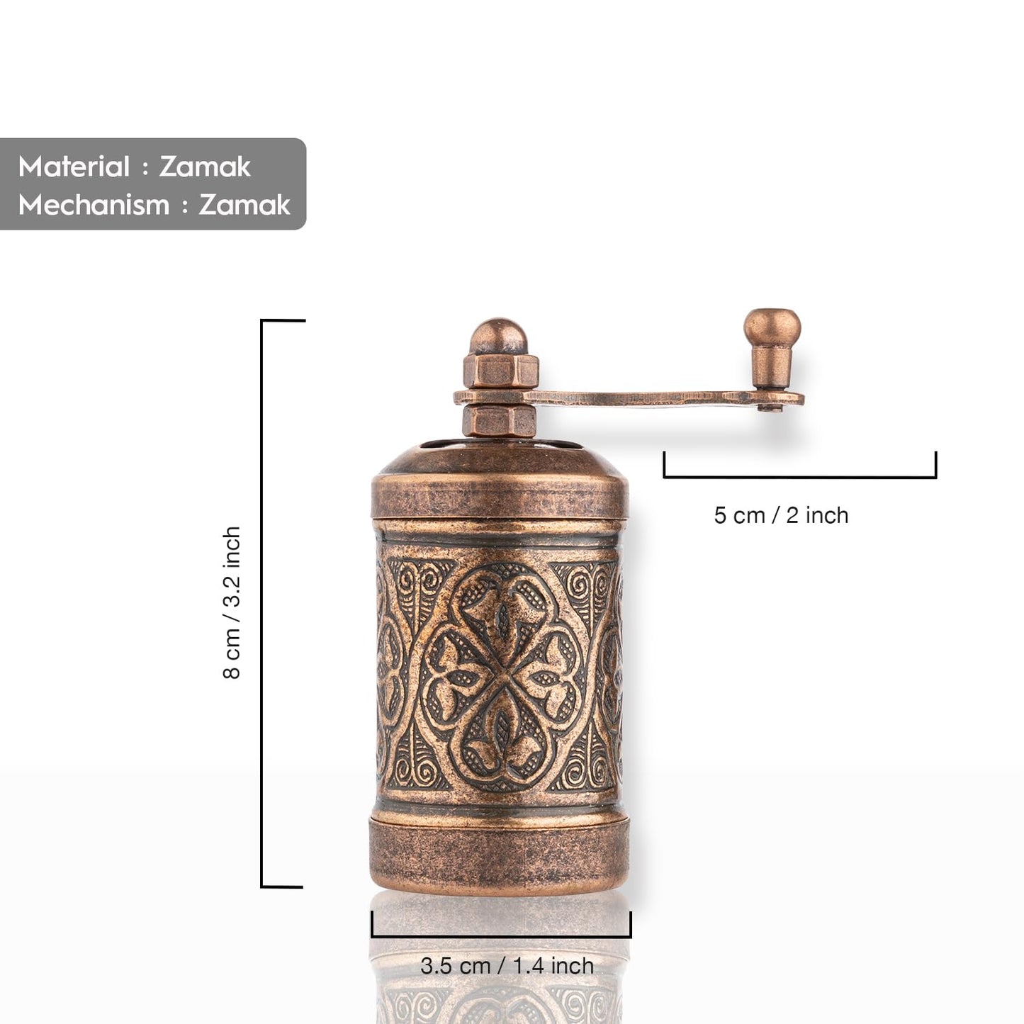 Glios Decorative Handmade Black Pepper Grinder, Refillable Turkish Spice Mill with Adjustable Coarseness, Manual Pepper Mill with Handle, Spice Grinder with Hand Crank 8 cm-3.1 inch (Bronze)