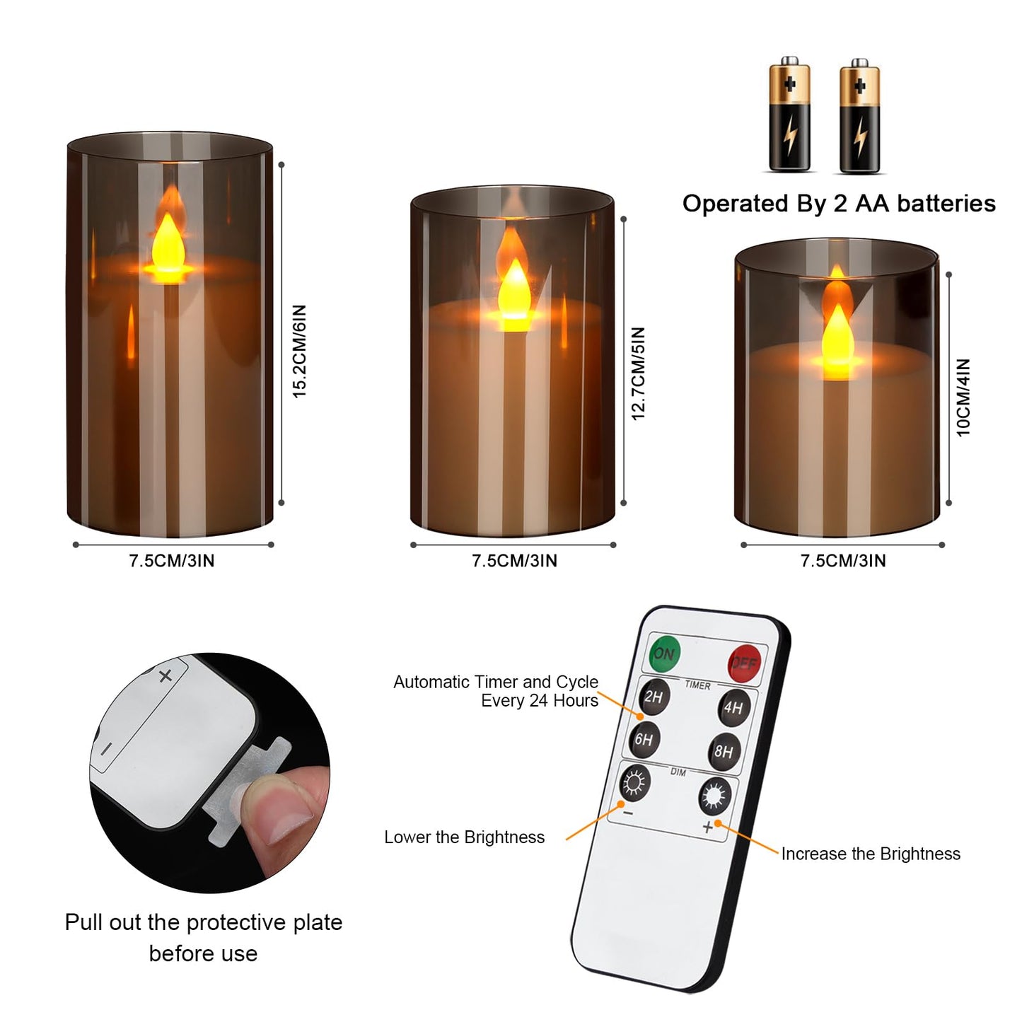 wemarry Flameless Candles 4" 5" 6" Set of 3 Acrylic Glass Pillars 3" Diameter Battery Operated Flickering Candles Include 10-Key Remote with Timer Function 400+ Hours (Gray, Warm Light 3 Pack)