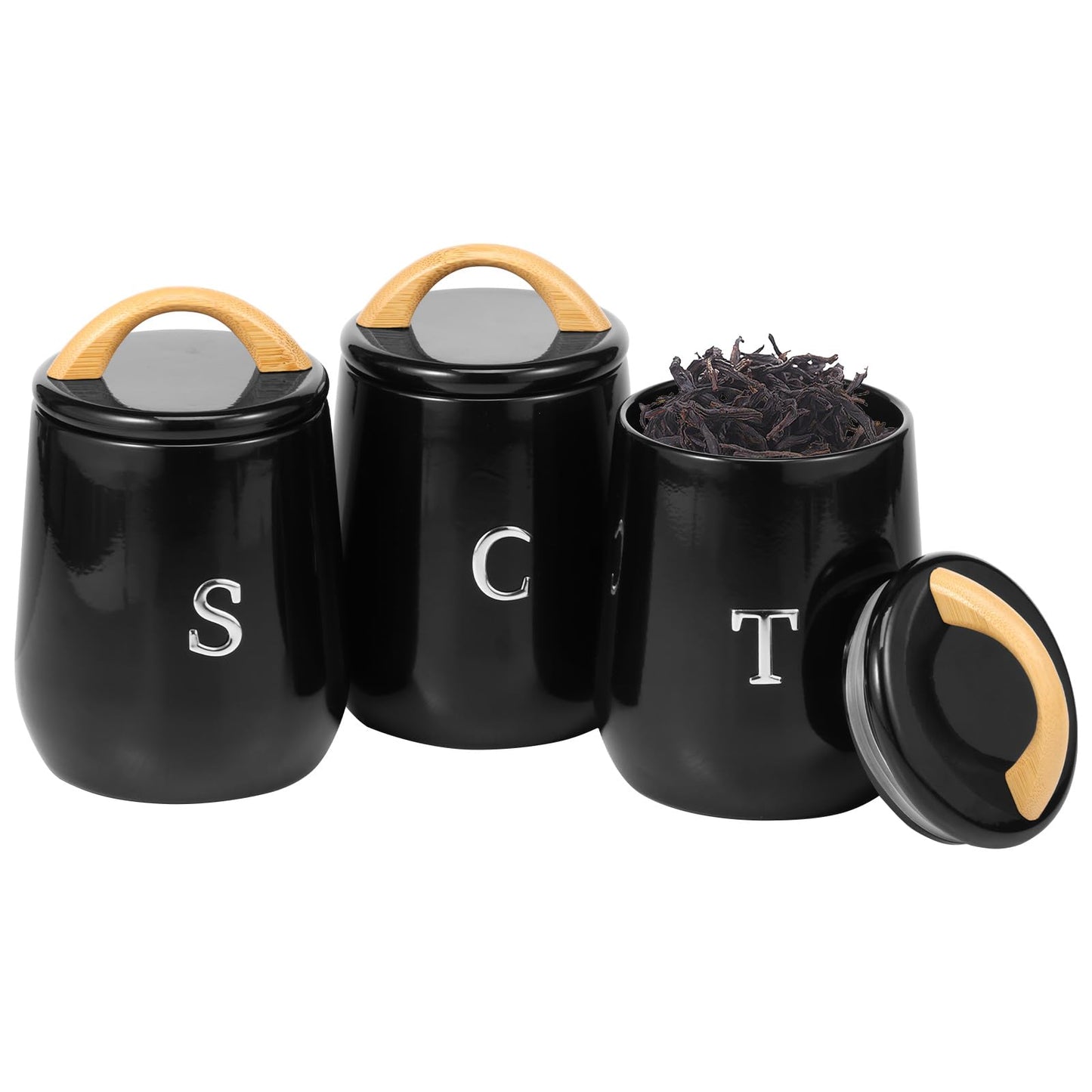 3Pcs Canisters Sets for Kitchen Countertop - Sugar and Coffee Container Set, Metal Moisture Proof Sealed Jar with Label, Kitchen Canisters for Coffee Beans, Tea, Sugar, Salt, Flour, Spices (Black)