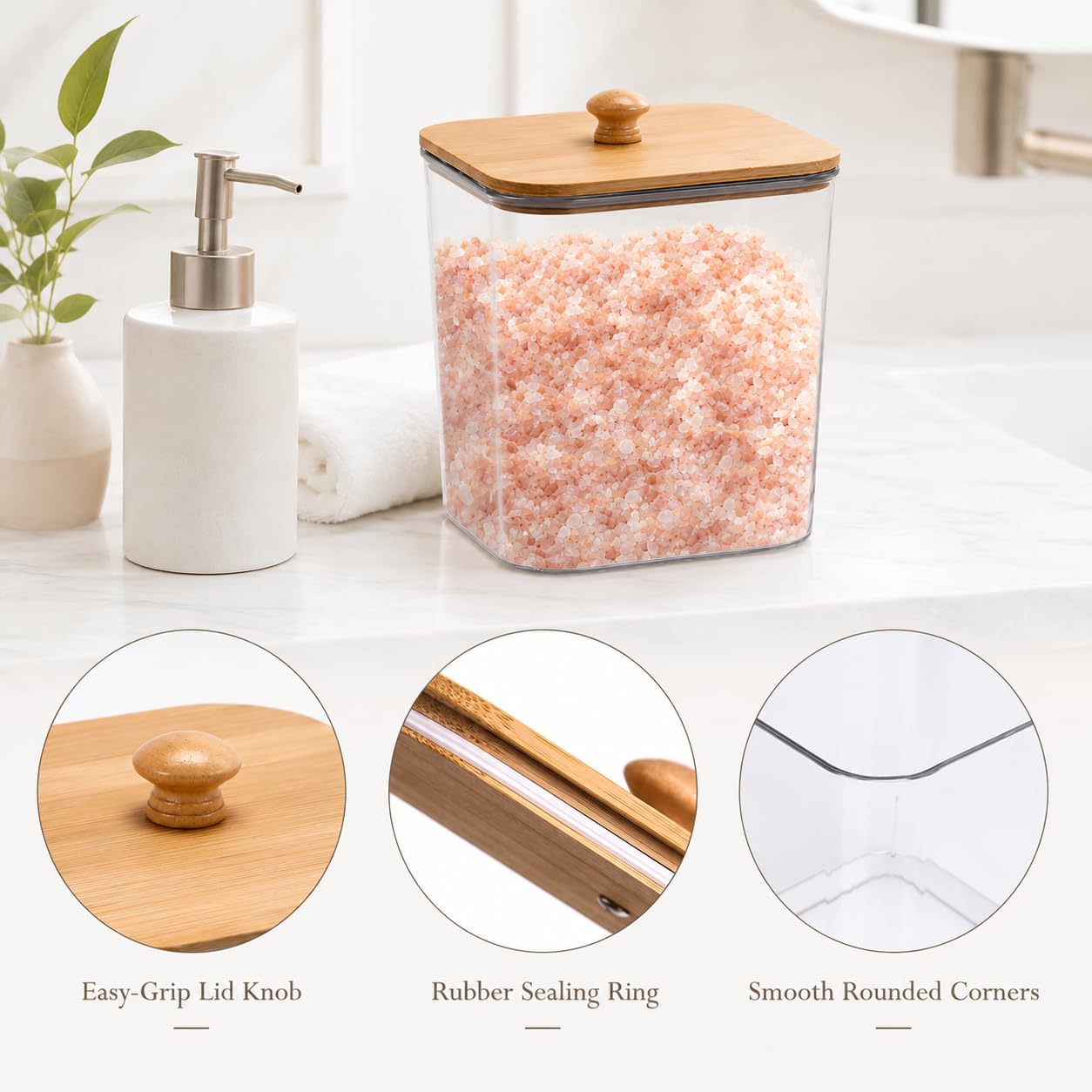 Yomjarl Bath Salt Container,2 Pack Clear Plastic Storage Bathroom Canisters with Wooden Lids & Handle,Airtight Bath Salt Dispenser Jars for Bathroom Organization Accessories,Bathtub Decor Box