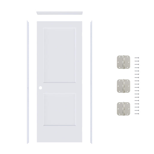 JUBEST 32"x80" Left-Hand Prehung Interior Door with Knock Down Jamb Kit & Satin Nickel Hinges, 2-Panel White Primed Hollow Core Molded Door Slab with Bore & Hinge Cutout, Durable & Sturdy, No Handle