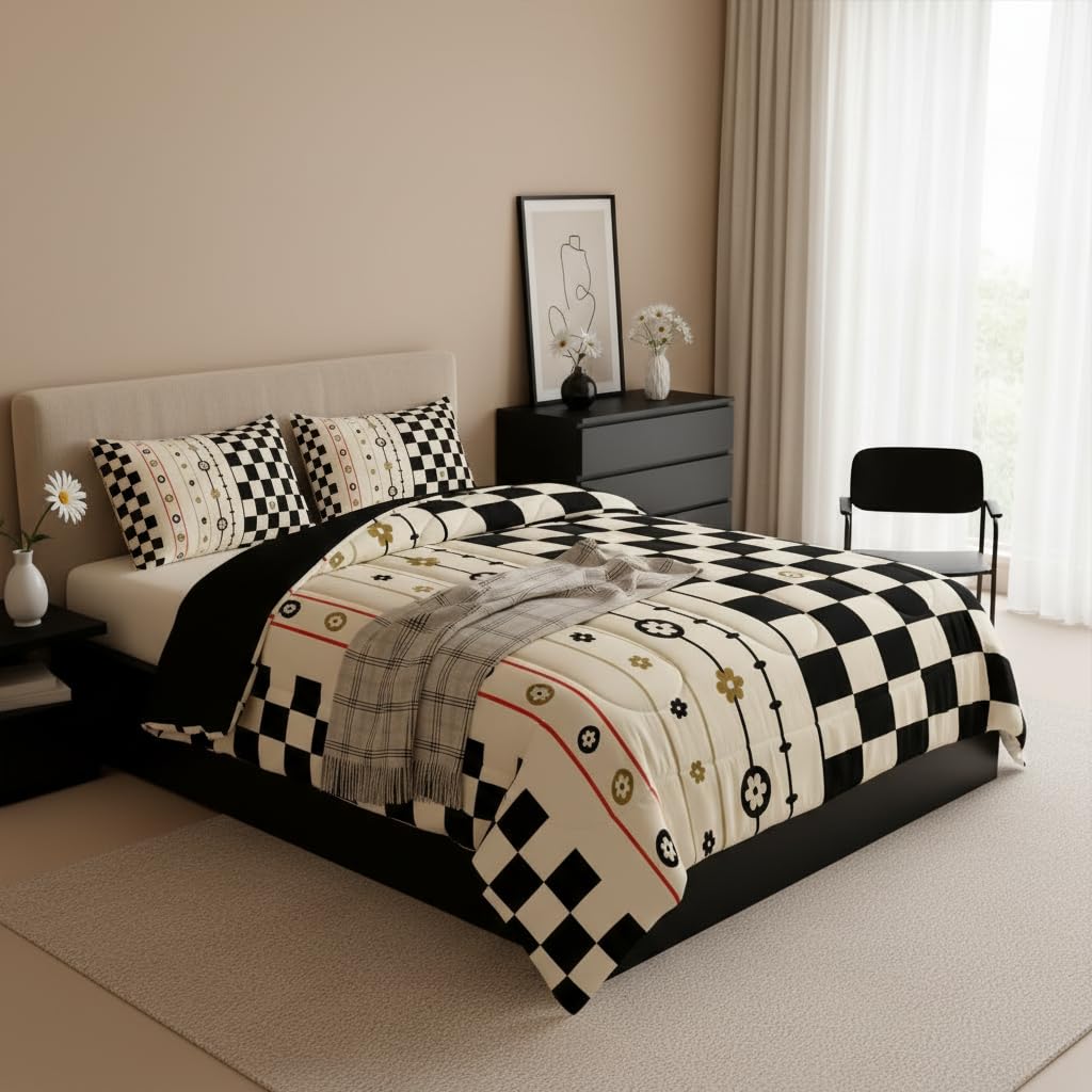 Manfei Geometric Grids Comforter Set Queen Size,Cute Daisy Flowers Abstract Bedding Set 3 Pcs for Teens Adults,Beige Black Stripes Checker Plaids Patchwork Comforter,2 Pillowcases