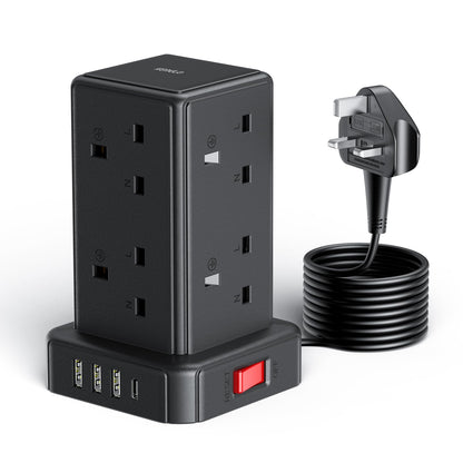 Kemelo Tower Extension Lead with 8 Way Multi Plug & 4 USB Ports (13A 3250W), Mini Power Strip with Switch, 2M Extension Cable Surge Protection for Home, Kitchen, Office