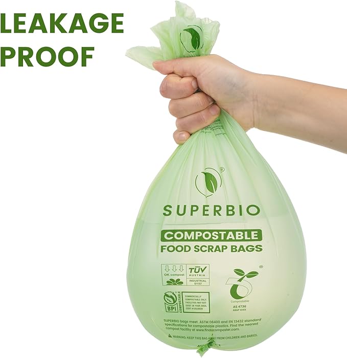 SUPERBIO 2.6 Gallon Flat Top Compostable Food Waste Bags, 2 Pack, Food Scrap