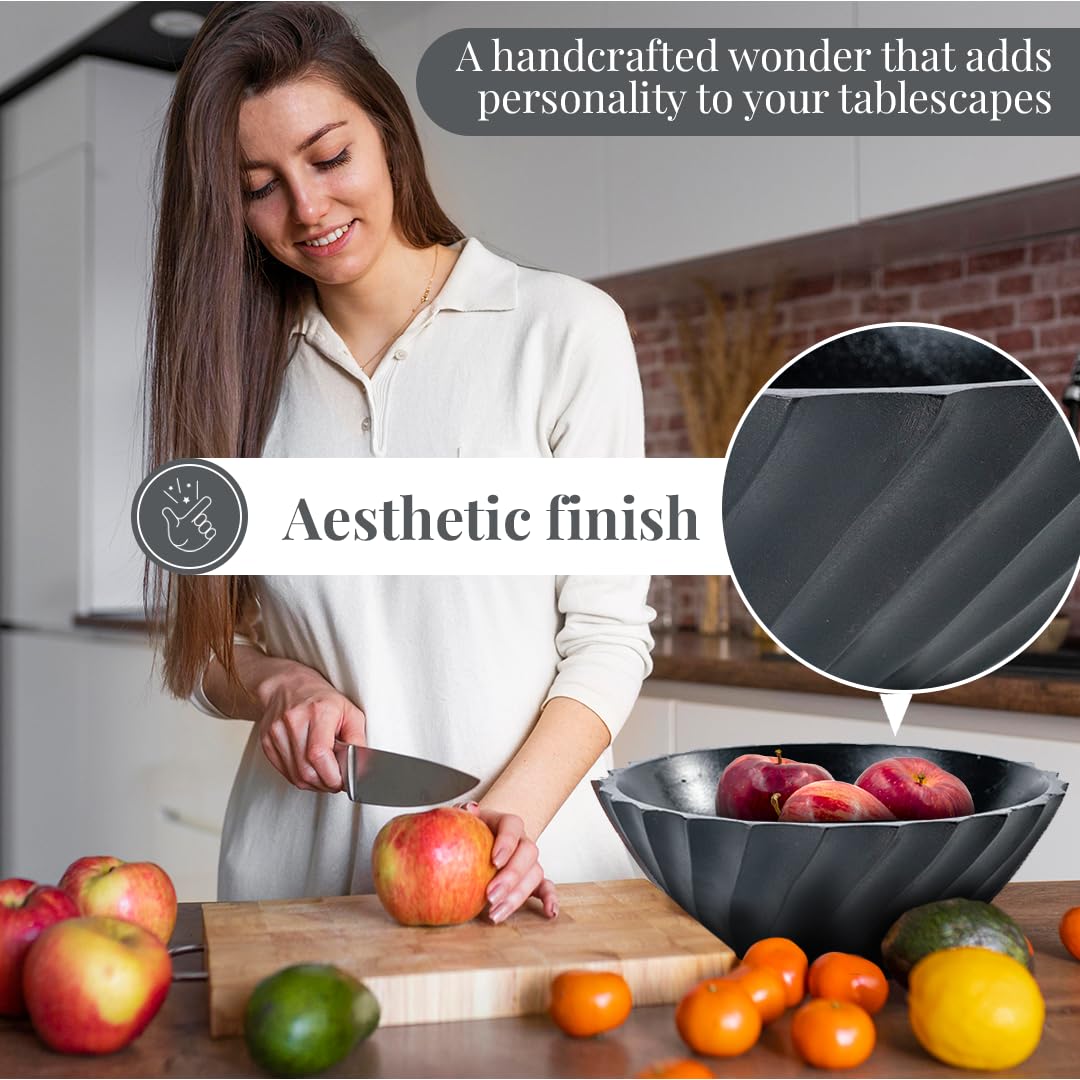 Folkulture Black Ribbed Salad Bowl | 11” Large Mango Wood Serving Bowl | Modern Wooden Bowl for Salad, Fruit & Pasta | Kitchen Island & Dining Table Décor