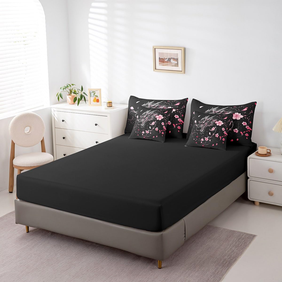 Erosebridal Sakura Dragon Bedding Set for Girls,Exotic Dragon King Comforter Set 7 Piece for Kids Boys Teen,Magical Animal Black Bed in A Bag Pink Cherry Blossom Japanese Style Bed Set