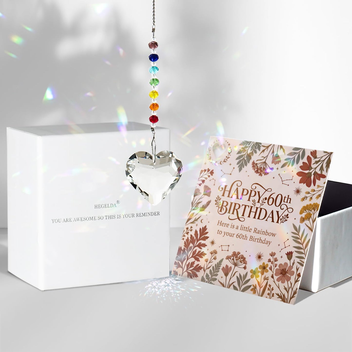Hegelda 60th Birthday Decoration Gifts for Women, 60 & Sensational Gift for Mom Grandmother, Elegant Crystal Suncatcher Window Prism, Meaningful Diamond Milestone Keepsake with Card