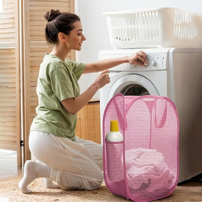 The upgraded pop-up laundry basket features a breathable side pocket mesh design