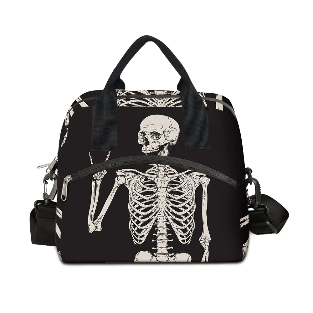 TropicalLife Reusable Lunch Bag for Women Men Goth Skull Pattern Insulated Lunch Box Durable Soft-sided Bag with Adjustable Shoulder Strap, Black