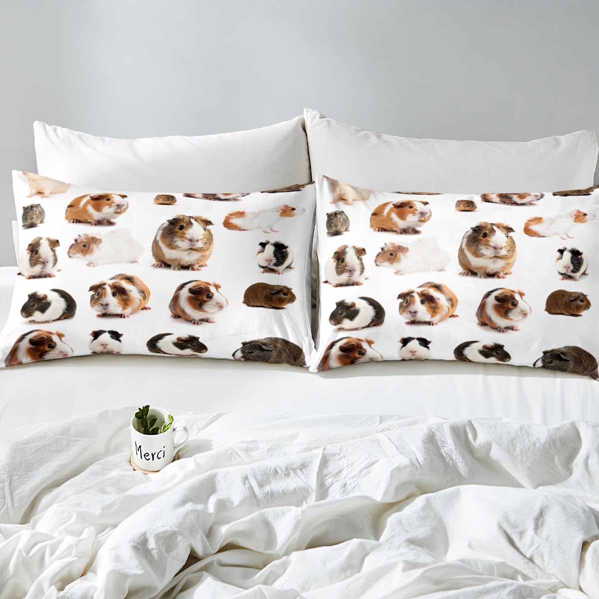 Erosebridal Guinea Pig Fitted Sheet, Kids Rodent Breeds Mouse Bedding Set Full Size, Cute Animal Pet Theme Bed Sheet for Children Boys Girls Bedroom, Lovely Guinea Pig Bed Set, White(No Top Sheet)