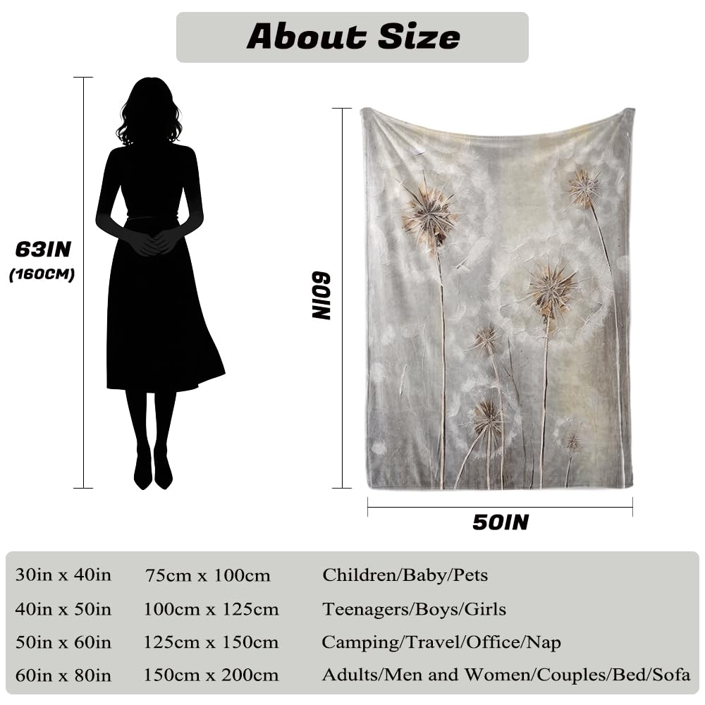 HUNXIAOJ Dandelion Throw Blanket Floral Print Blanket Dandelion Bedding Flower Throw Warm Soft Flannel for Girls Boys Woman Adults Bed Sofa Couch (60 in x 80 in)