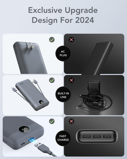 Portable Charger Power Bank 20000mAh,VRURC 22.5W Fast Charging Power Bank With Cables, 20K USB C Portable Charger With Wall Plug, Phone Battery With Cords For iPhone, Samsung, Android Phones, etc-Grey