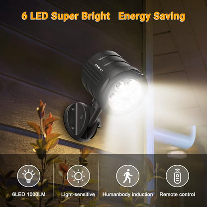 Security Lights Outdoor Motion Sensor, ASOFTY 6 LED 1000 Lumen PIR Wireless Spotlights with Remote Control, IP65 Waterproof 6000K Motion Flood Light for Garage Yard Porch and Patio