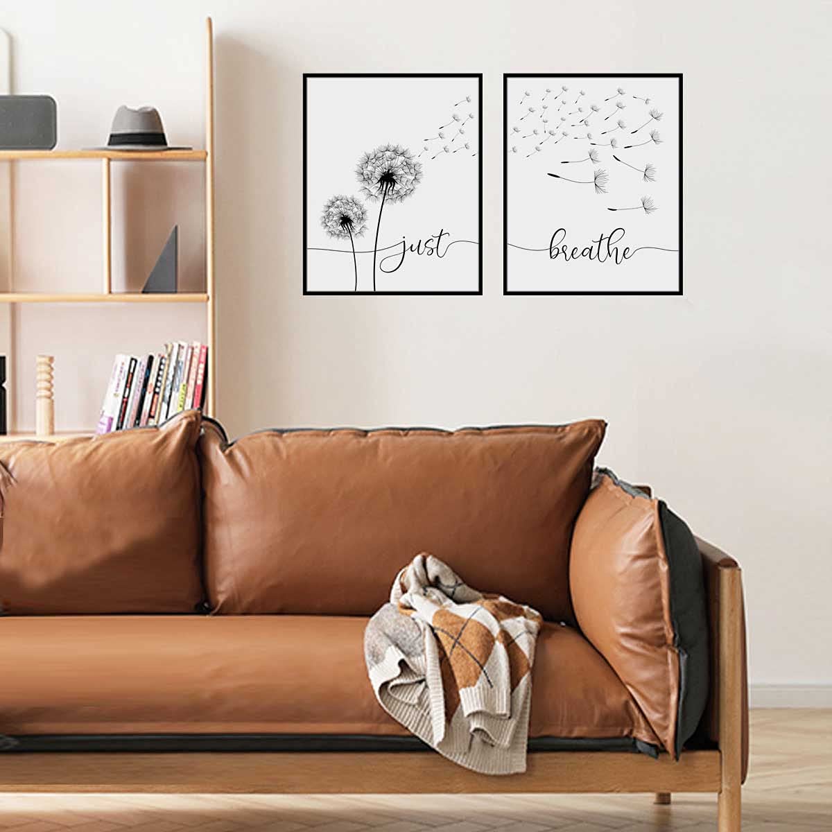 WCDHOR Just Breathe Wall Art Prints Set of 2, Dandelion Quote Posters, Minimalist Bedroom Decor for Yoga Room, Meditation Corner, Living Room, Office, Apartment, 11x14 Unframed
