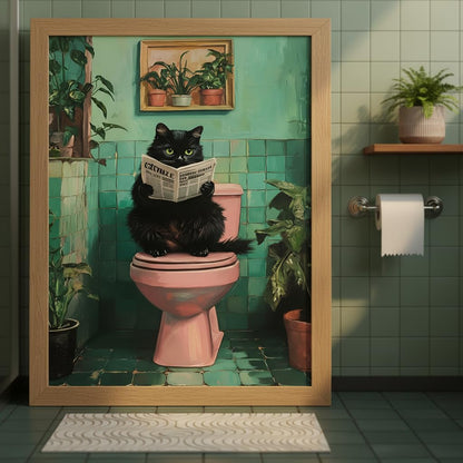 Funny Bathroom Wall Art Black Cat on Toilet Reading Newspaper, Humorous Cat Bathroom Decor Canvas Print, Quirky Animal Restroom Wall Decor Framed Artwork for Bathroom Home 8x10 Inch