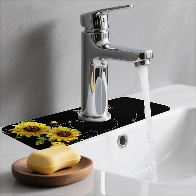 Kitchen Sink Splash Guard，sunflowers-and bees- Faucet Mat Sink Gadgets-Super