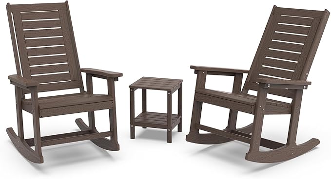 GREENVINES Outdoor Rocking Chair Set | 3-Piece | Dark Brown Wood Grain | 2 Rocking Chairs with 1 Side Table | Porch Rocker | HDPE Plastic | Patio Furniture Sets