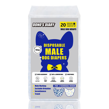 Dono Disposable Dog Nappies Male, 20 Pcs, Wetness Indicator, Male Dog Wraps, Dog Belly Bands, Super Absorbent, Leak-Proof, Incontinence, Excitable Urination, Heat, Marking Issues, M
