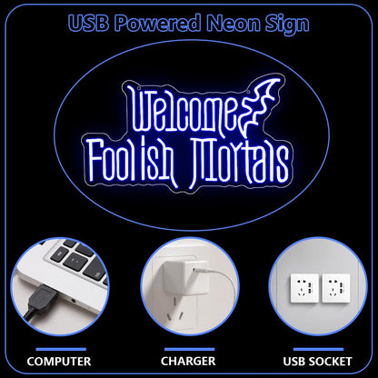 RuCvixkt Welcome Foolish Mortals Neon Sign, Halloween LED Neon Signs for Wall Decor, Spooky Gothic Haunted Mansion Decor, Coffin Led Neon Light Gift for Boy, Party, Man Cave, Haunted House(Blue)