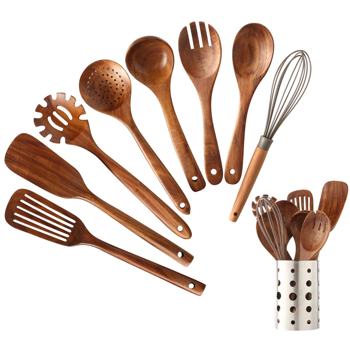 NAYAHOSE Wooden Kitchen Utensils Set with Holder, NAYAHOSE 9 Pcs Teak Wood Spoons for Cooking Spatula Set with Stainless Steel Storage Barrel
