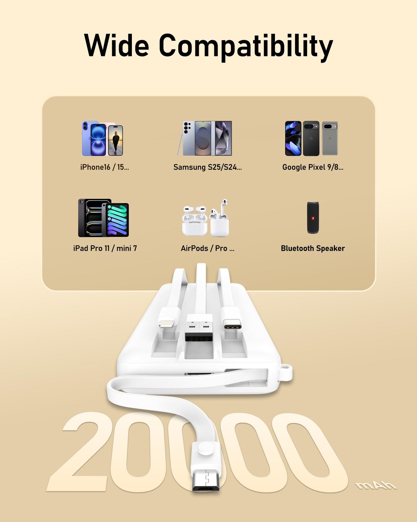 VEEKTOMX Portable Charger Built-in Cables,10000mAh Power Bank for iPhone,Fast Charge USB C Battery Pack Travel Essentials Powerbank Compatible with iPhone 17/16/15/14, Samsung S25/24, Android, etc
