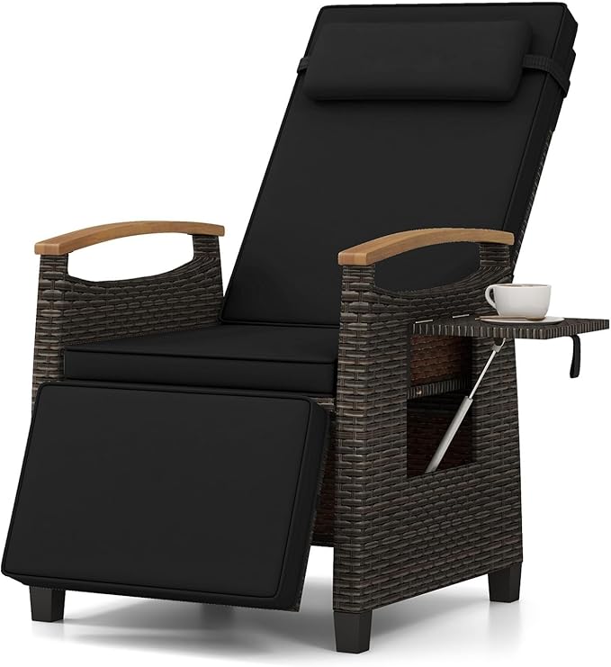 RELAX4LIFE Rattan Outdoor Recliner Chair - Wicker Chaise Lounge Chair w/Adjustable Back & Footrest, Acacia Wood Armrests, Flip Side Table, Cushion, Reclining Patio Chair for Pool Yard (1, Black)