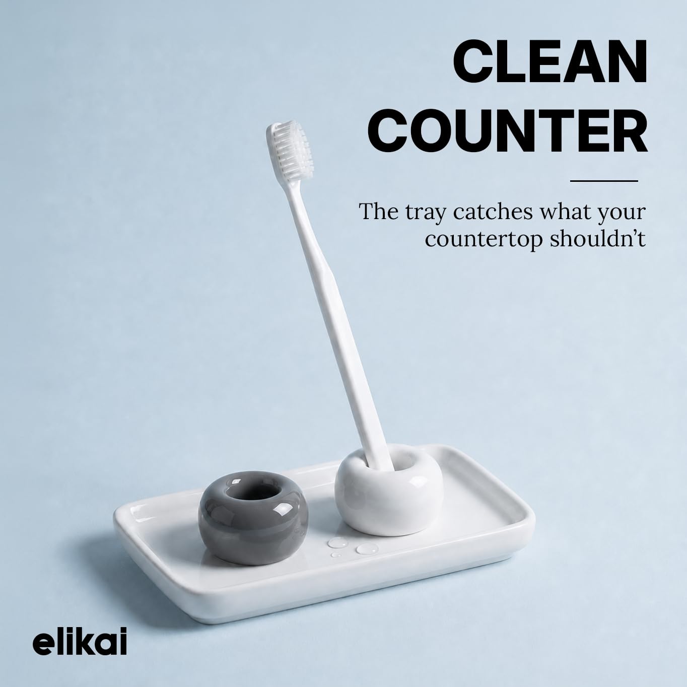 ELIKAI Ceramic Toothbrush Holders with Bathroom Tray, Countertop Organizer for Toothbrushes and Accessories, Hygienic Individual Holder Set (Grey & White, 2 Holders)