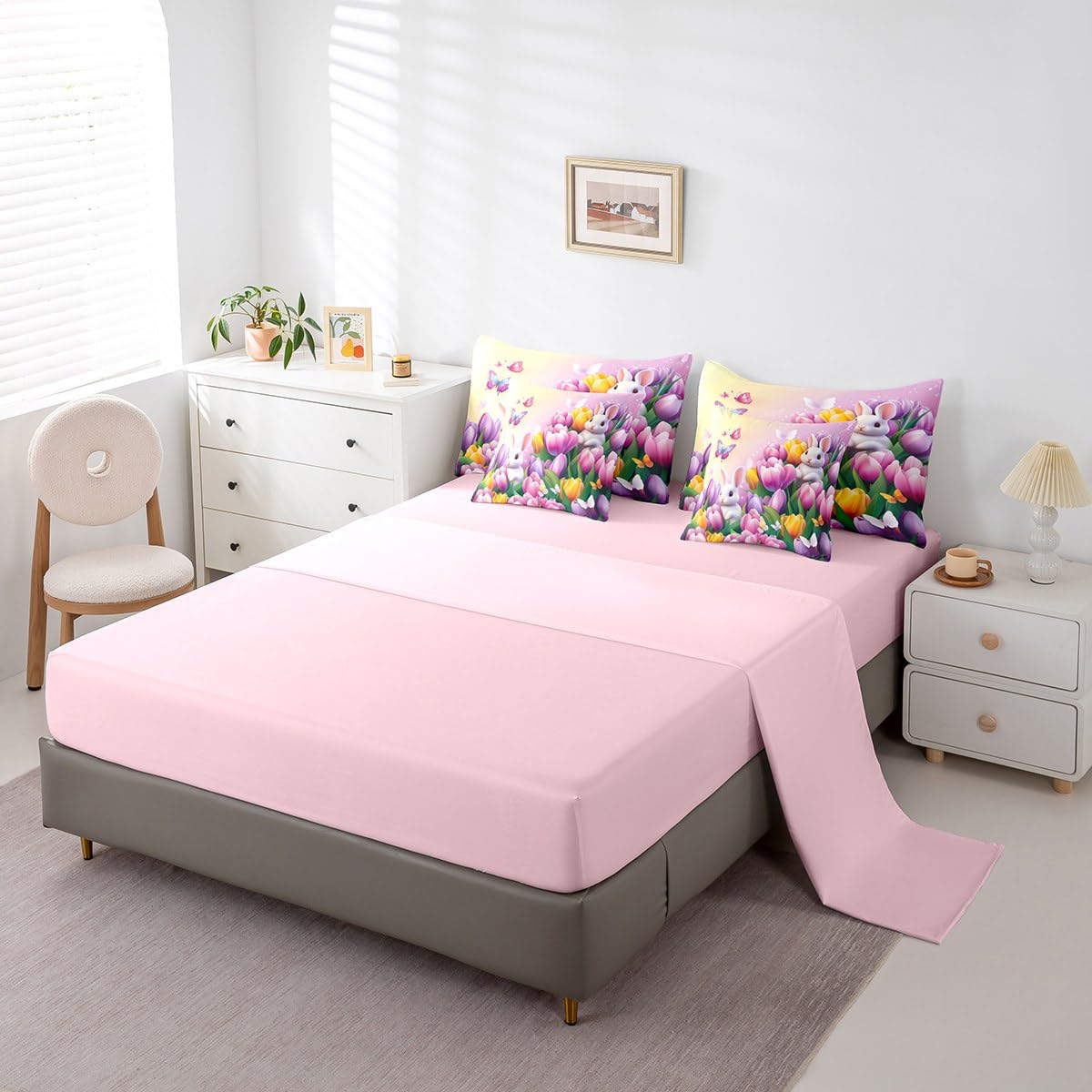 Erosebridal Pastel Tulip Twin Comforter Set 7 Piece Spring Tulip Flowers Bedding Set Pink Purple Garden Floral Bed in A Bag Cute Kawaii Rabbit Sheet Set with Comforter for Kids Boys Girls