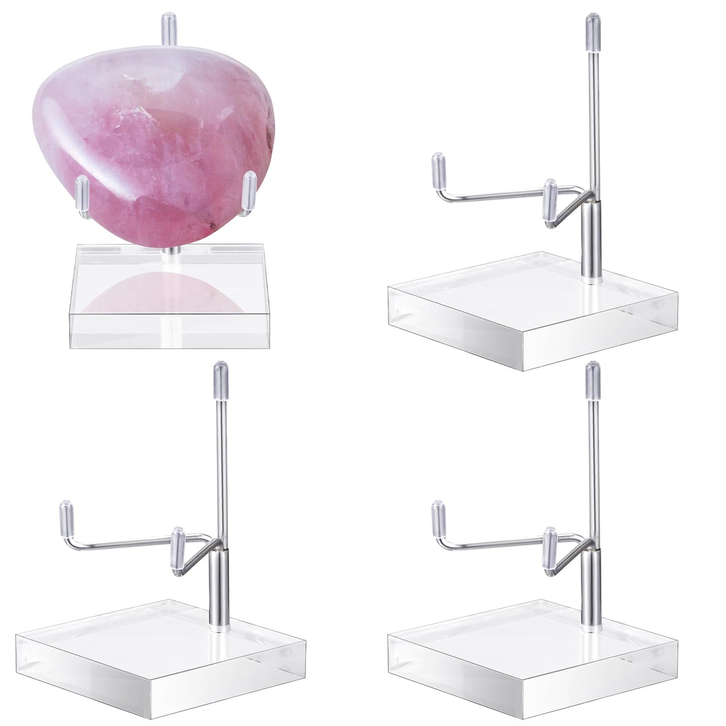 Suzile 4 Pcs Adjustable Metal Arm Display Stand Easel with Acrylic Base Rock Display Easel Holder Acrylic Crystal Clear Plate Stand for Geodes Mineral Agate (Silver, 3.2 x 3.2 x 4.9 Inch)