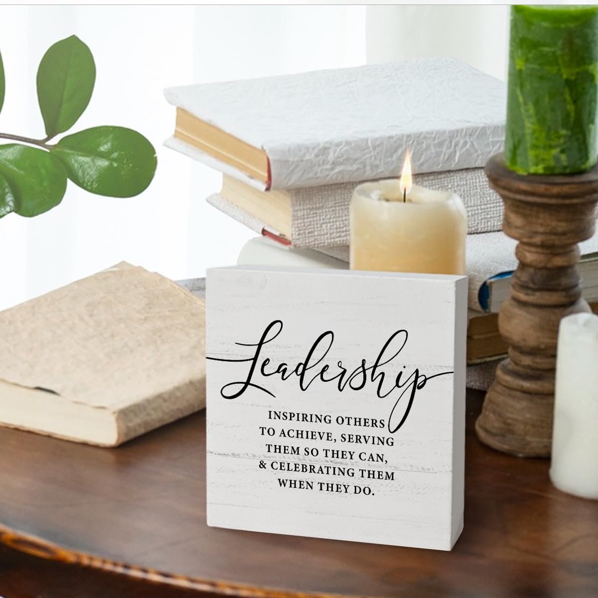 FLVGE Gifts for Leader Boss Mentor Leadership,Thank You Appreciation Gifts for Leader Teachers,Leadership Inspiring Others to Achieve Wooden Box Sign Desk Decor,Inspirational Office Decor,5x5