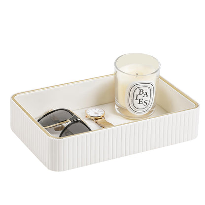 MEIBOOCH Desk Organizer Tray, PU Leather Nightstand Organizer Perfume Valet Tray for Men Women, Decorative Vanity Trays Trinket Dish Key Bowl for Entryway Table (Ivory, Medium)