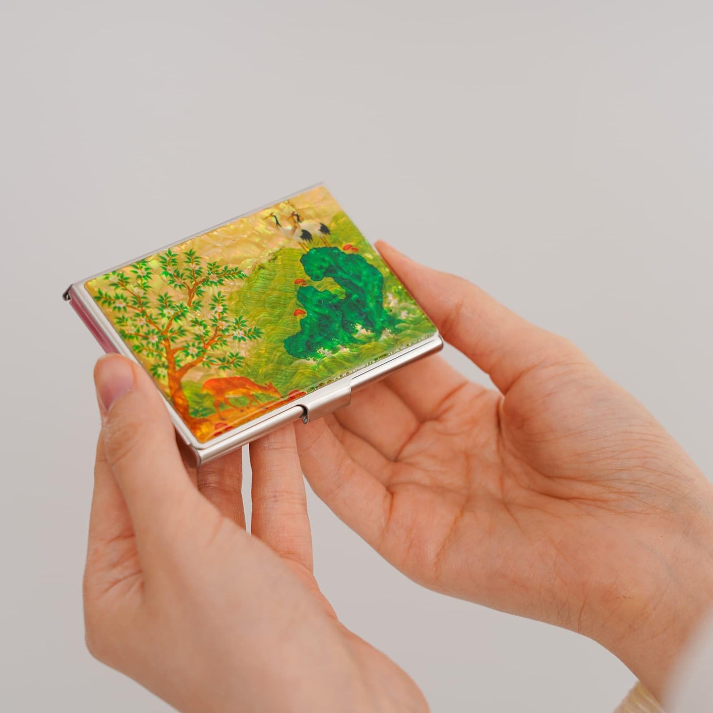 February Mountain Korean Mother-of-Pearl Business Card Holder – Crane & Deer Nature Design | Unique Asian Art Office Gift for Men & Women | Elegant Card Case for Professionals