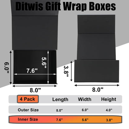 Ditwis 4 Pack 8x6x4 Inches Gift Boxes with Magnetic Closure Lids, Black Magnetic Box for Wedding, Groomsmen Bridesmaid Proposal, Birthdays, Mother's Day