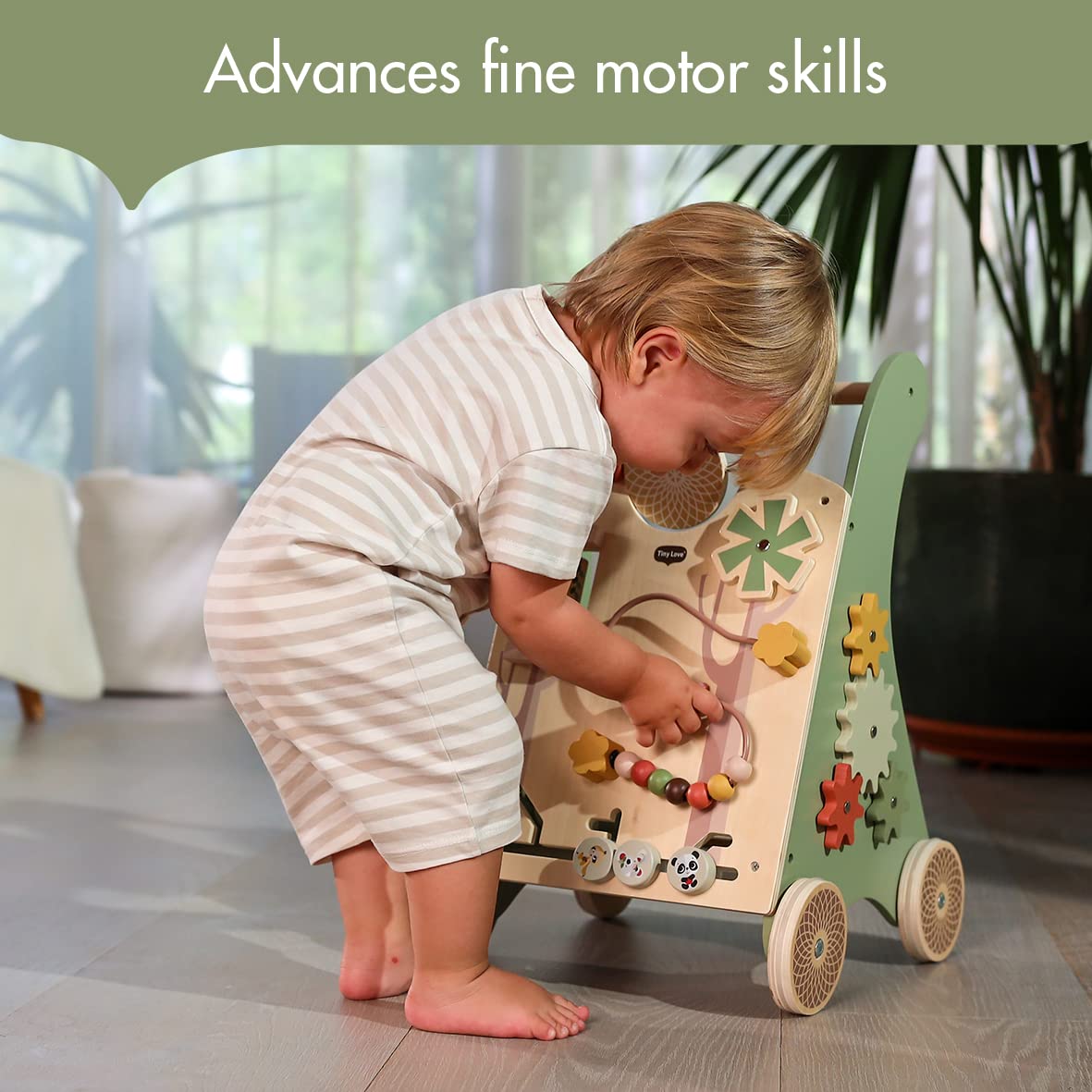 Tiny Love Wooden Baby Walker, Activity Walk Behind, 2-in-1 Activity Walker, 12 Interactive Activities, Supports Motor Skills, Cognitive Development, Comfortable Natural Design, 18+ Months, Boho Chic