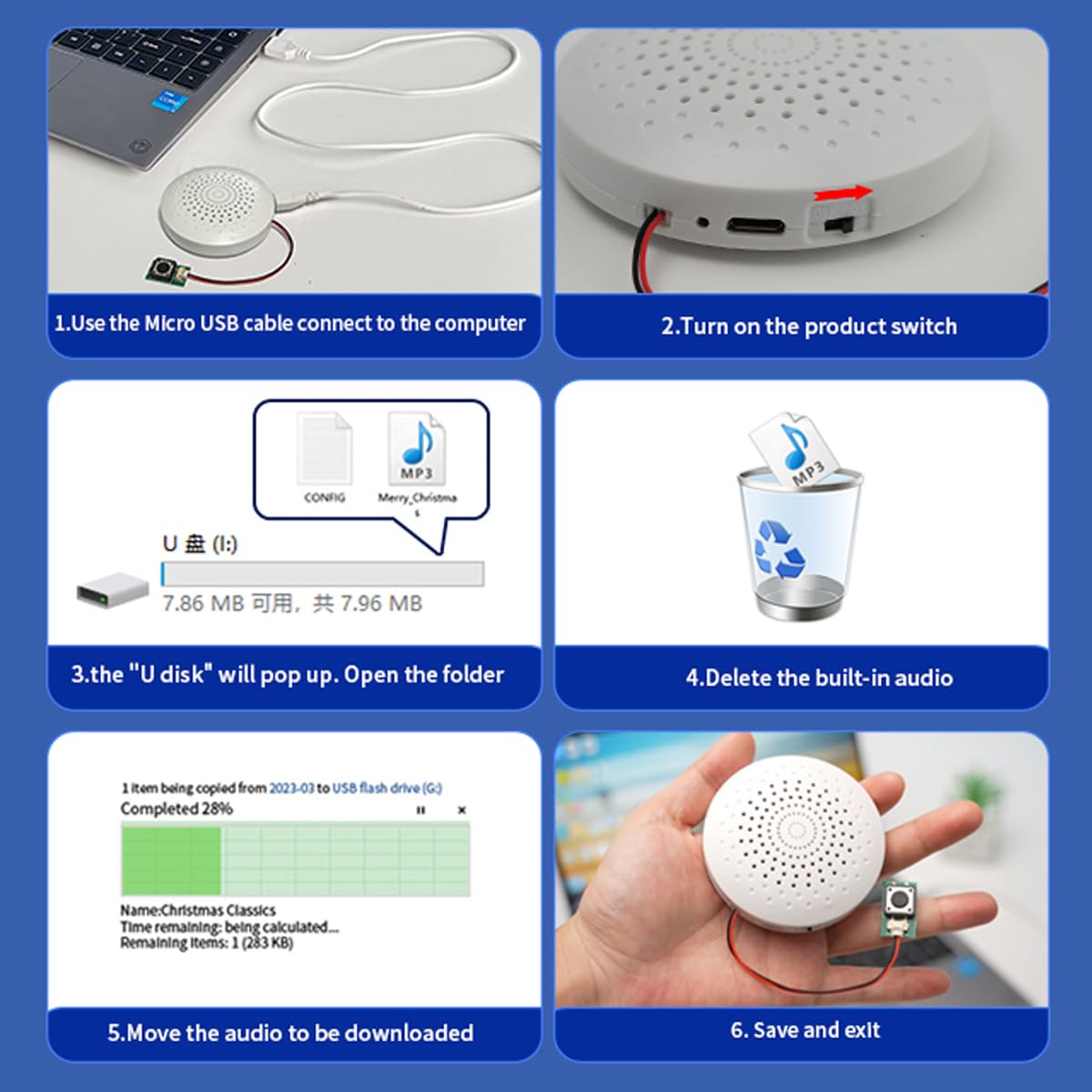 Sound Module Box with Push Button USB Download Music Voice Box for Toys,MP3 Music Sound Box for Crafts, Christmas,New Year Greeting Gifts Cards Box with Speaker.