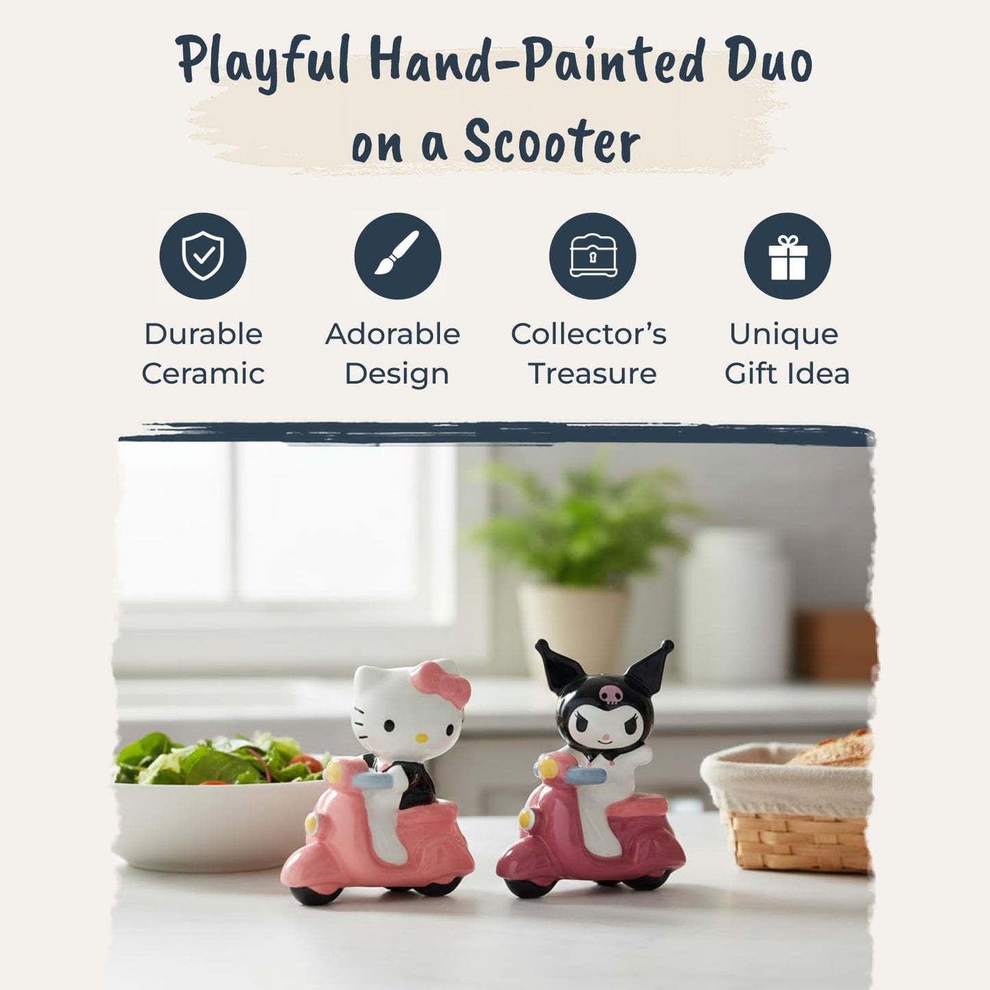 Blue Sky Clayworks Hello Kitty & Kuromi Scooter Salt and Pepper Shaker Set, 7” Licensed Sanrio Collectible