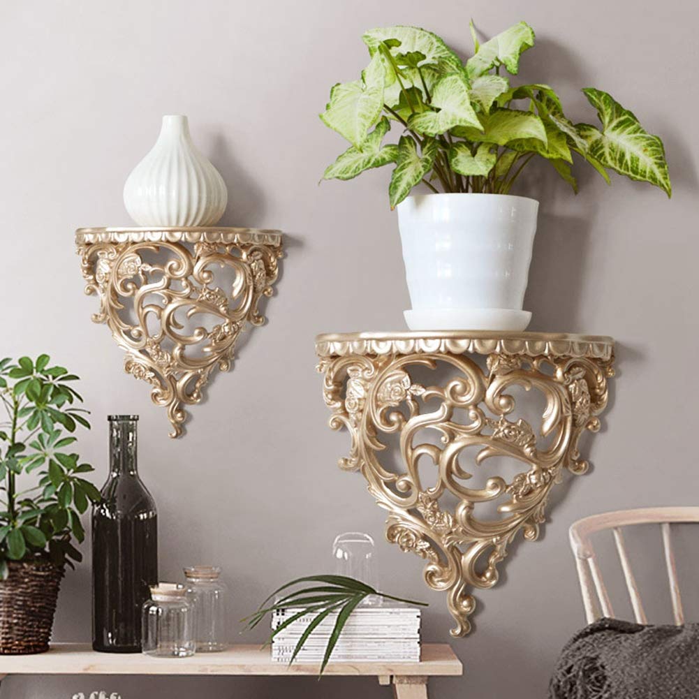 Floating Wall Shelf, Resin Floating Wall Shelf European Hollow Wall Shelf Display Wall Organizer Retro Flower Carving Art Wall Hanging Storage Rack Baroque Style Ornament for Flower Pot Stand