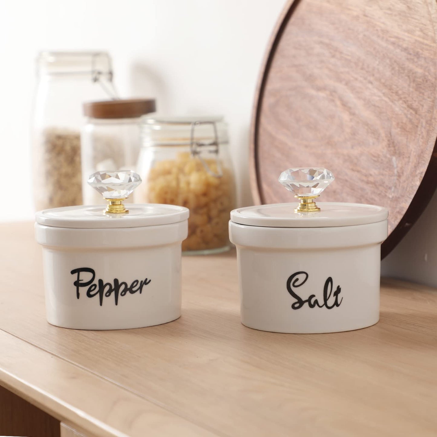 HAOTOP Salt and Pepper Bowls with Crystal Lid, 12.5 oz Ceramic Salt Pepper Container for Countertop,Farmhouse Kitchen Decor, Set of 2 (Gold)