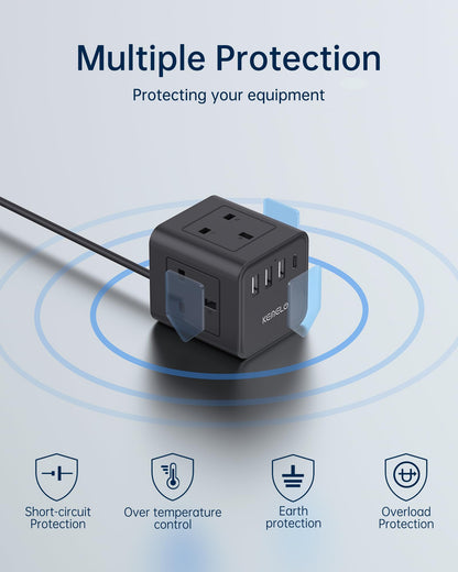 3M Extension Lead with USB, Kemelo 4 Way (13A/3250W) Plug Extension Socket with 3 USB A & 1 USB C, Child Safety Extension Cord,Black Power Strip for Home Desk Office