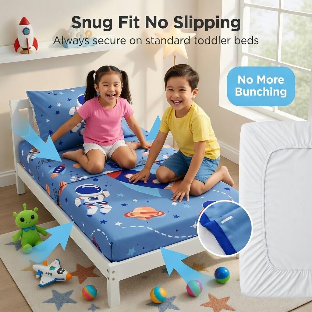 EVERYDAY KIDS 4 Piece Toddler Bedding Set - Outer Space Adventures - Includes Comforter, Flat Sheet, Fitted Sheet and Reversible Pillowcase