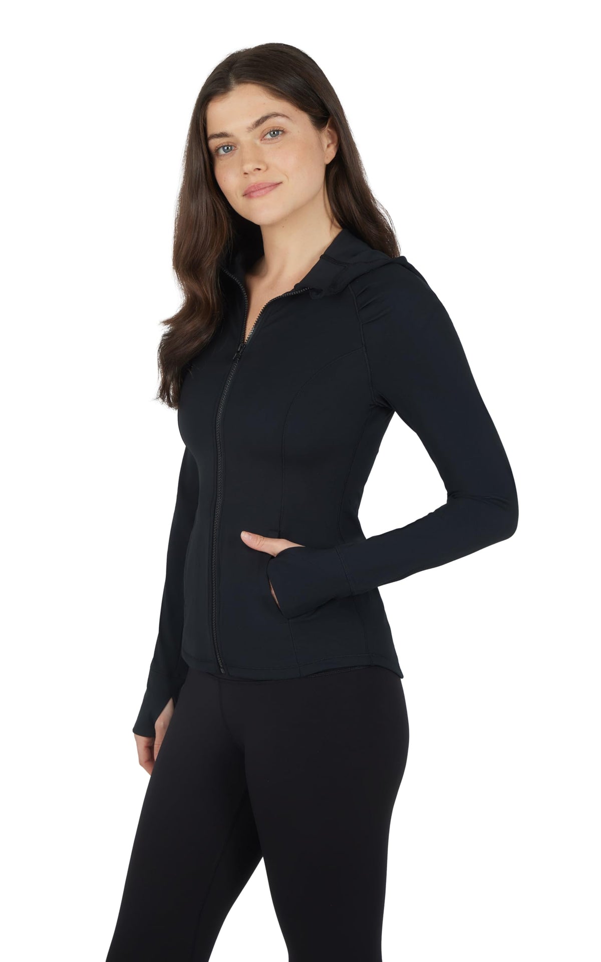 Yogalicious Full-Zip Lightweight Hooded Running Workout Yoga Lux Jacket With Pockets - Black - Large