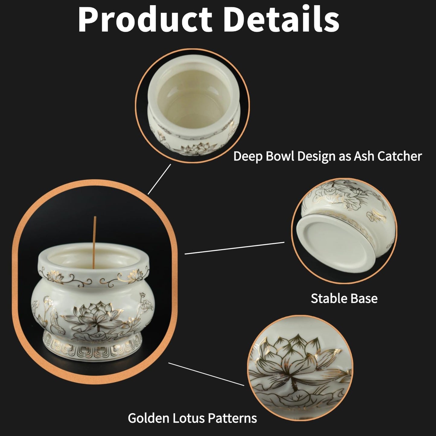 Gopupu Ceramic Incense Burner Pot, Small Incense Bowl with Sticks and Brass Stand, Decorative Lotus Incense Holder Censer for Meditation Praying Buddha 4 Inch