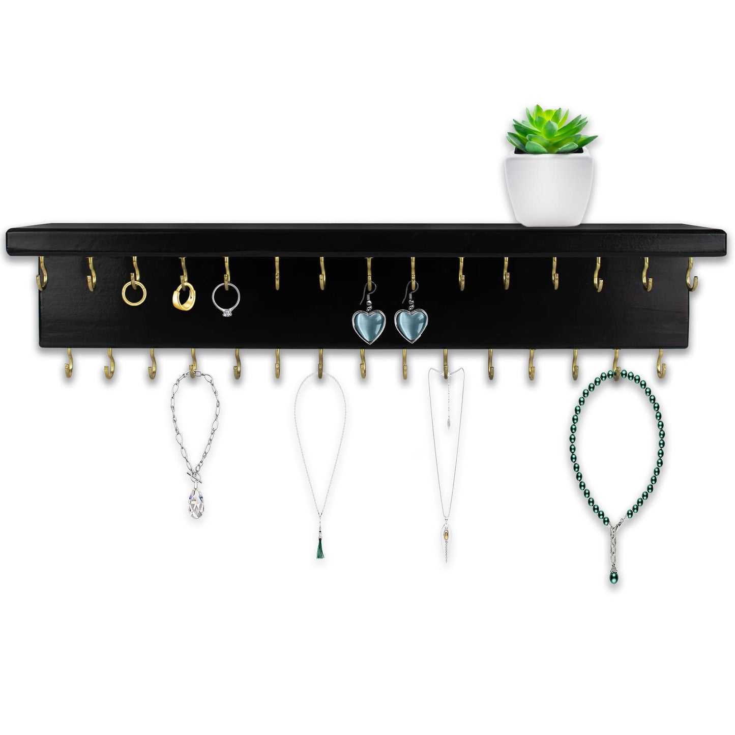 SANY DAYO HOME Black Necklace Holder Jewelry Organizer with 30 Hooks, 15 x 3 x 4 inches Wall Mount Rustic Pine Wood Shelf for Necklace, Hair Bow Storage