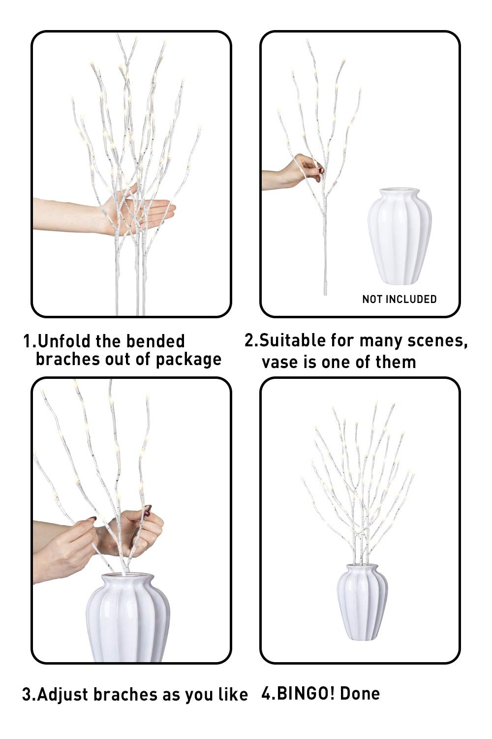 EAMBRITE Home Decorative Twig Lights Lighted White Birch Twig Branches Pathway Stakes with 60 LED White Lights Waterproof Plug in for Outdoor and Indoor Decor (3PK, 76cm)