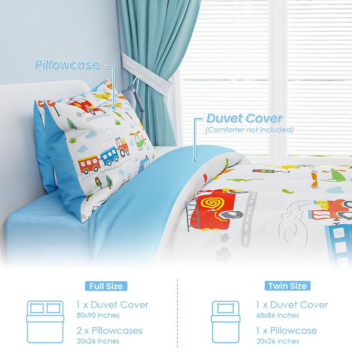 SANDJEST Transportation Duvet Cover Sets Full Size for Kids Boys, Incude 1 Polyester Comforter Cover 80x90 Inches and 2 Pillowcases 20x26 Inches, Comforter Not Included, Gift for Christmas Birthday