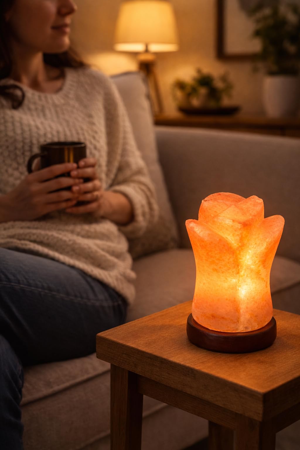 NatureBoost Himalayan Pink Salt Lamp – Flower Shape – Hand-Carved Natural Crystal Salt Rock with Wooden Base Ideal Gift & Home Décor
