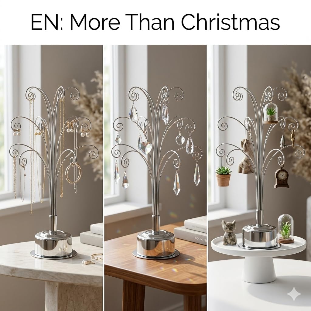 HOHIYA 360° Rotating Ornament Display Stand 15 Hooks Tabletop Christmas Tree Ornament Holder Metal Hanging Display Rack for Crystal Glass Baubles Jewelry and Home Decor Chrome Silver