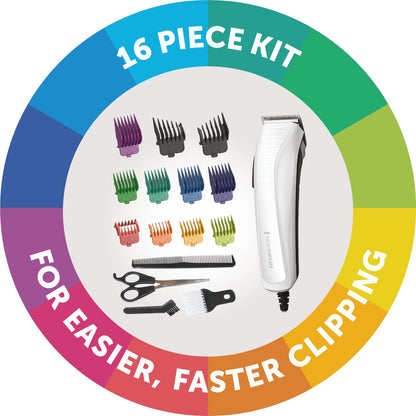 Remington Colour Cut Hair Clippers Kit (Corded, Stainless Steel Self-Sharpening Blades, Comfort Tip Blades, Taper Lever (0.5-2mm), 9 Colour Coded Combs (1.5-25mm), Scissors & Comb) HC5035
